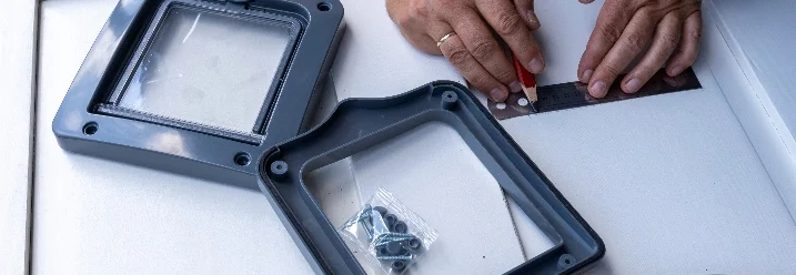 Person montiert Katzenklappe mit Bleistift